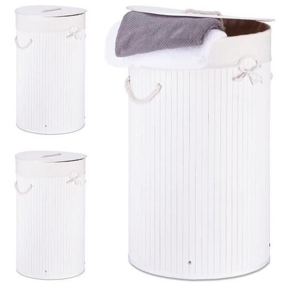 3x Panier à linge bambou, corbeille linge pliante, 70 L, sac intérieur coton, 65 x 49,5 x 37 cm, blanc