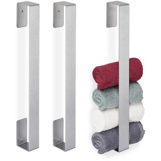 3x porte-serviettes, inox 430, autoadhésif, cuisine, salle de bain, sans perçage, HxLxP 45 x 4 x 6 cm, argenté