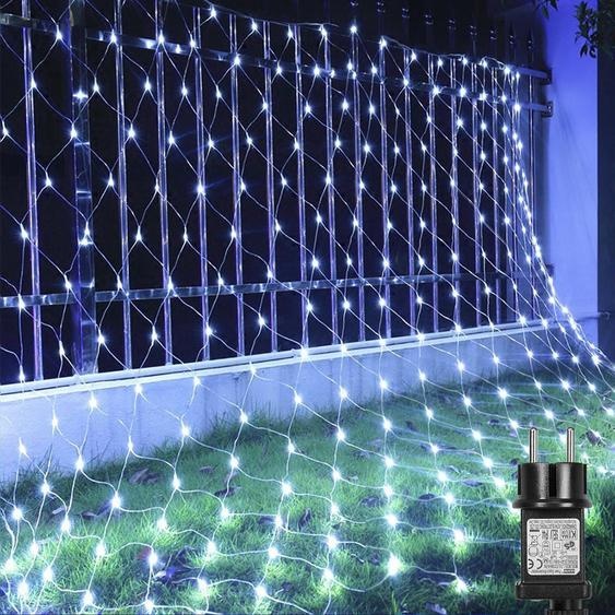 3X2M 200LED Rideau lumineux Chaîne lumineuse 8 modes déclairage étanche Lumière de Noël Fête Jardin Filet lumineux, Blanc froid