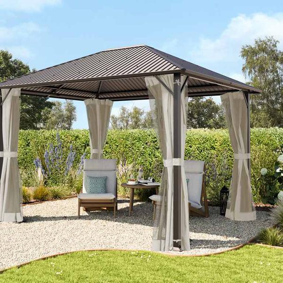 3x3,65 m Tonnelle de jardin, acier, toit rigide, crème - (300222)