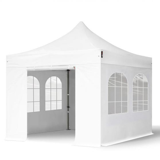 3x3 m Tonnelle pliante Acier, PVC 800, côtés avec fenêtres, blanc - (600111)