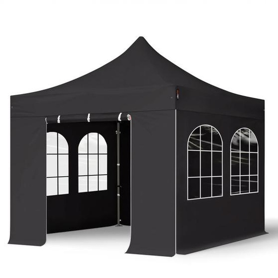 3x3 m Tonnelle pliante Acier, PVC 800, côtés avec fenêtres, noir - (600107)