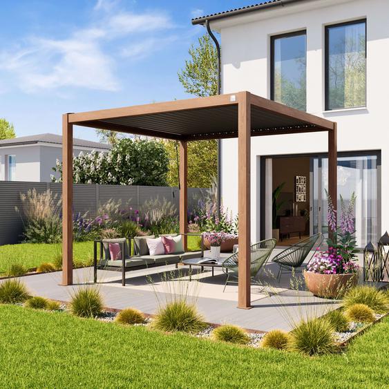 3x3m Pergola imitation bois, lames gris-perle orientables - (400106)