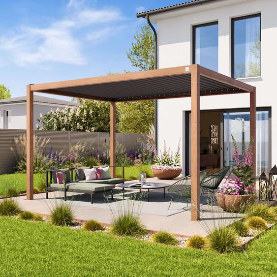 3x4m Pergola imitation bois, lames gris-perle orientables - (400109)