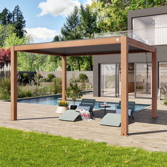 3x4m Pergola imitation bois, lames gris-perle orientables - (400118)