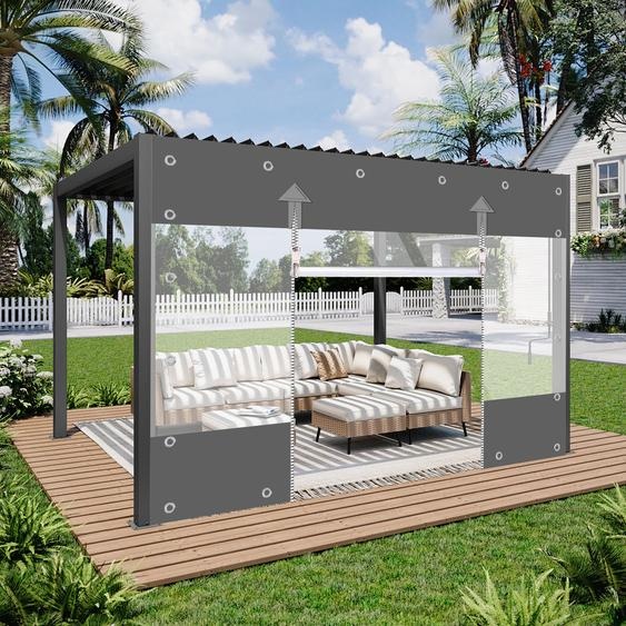 (3x4M) Rideaux dextérieur en PVC transparent avec fermeture éclair, 650 g/m² Bâche transparente imperméable avec illets de 30 mm, Rideaux de séparation résistants aux intempéries pour terrasse, véranda, pergola, garage et meubles de jardinGris