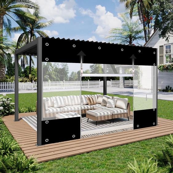 (3x4M) Rideaux dextérieur en PVC transparent avec fermeture éclair, 650 g/m² Bâche transparente imperméable avec illets de 30 mm, Rideaux de séparation résistants aux intempéries pour terrasse, véranda, pergola, garage et meubles de jardinNoir