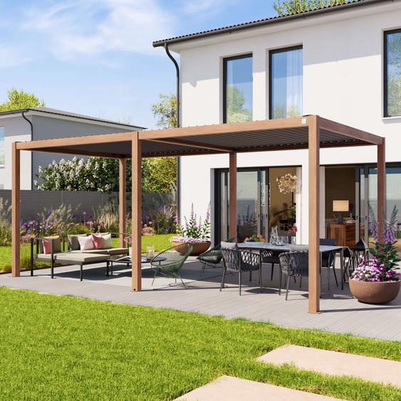 3x6m Pergola imitation bois, lames gris-perle orientables - (400112)