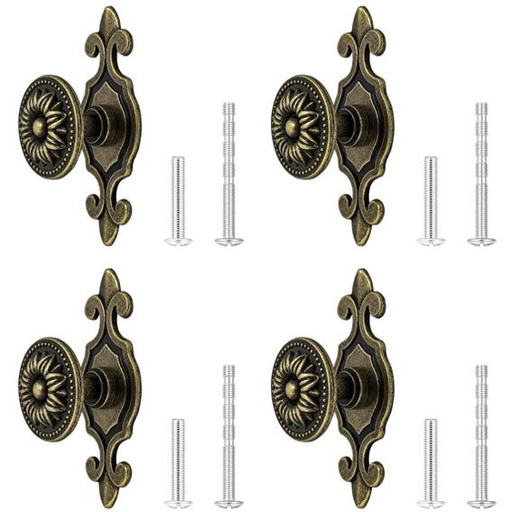 4 boutons de placard anciens avec plaque de montage, alliage de zinc, style vintage