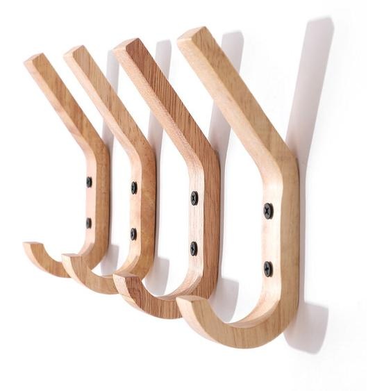 4 Pièces Crochets Muraux en Bois de Caoutchouc à Manteau Patères Portemanteaux à Deux Crochets, 16 x 6 x 2,5 cm