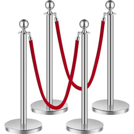 4 Poteaux de délimitation Poteau de délimitation avec 2 cordes de velours rouges Remplissable Argent