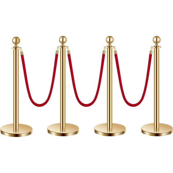 4 poteaux dorés, 3 cordes en velours rouge, base creuse remplie de sable
