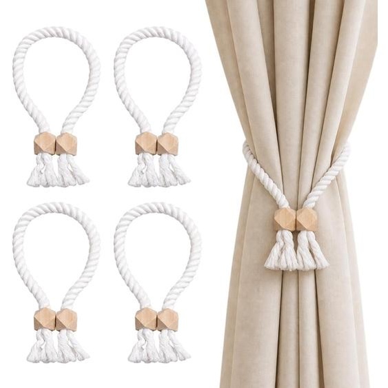 4 supports de rideau magnétiques en bois et en coton, 60 cm, réglables, de couleur blanche