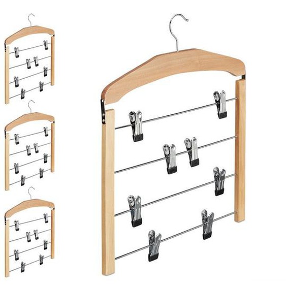 4x Cintres multiple en bois pour robes pantalons antidérapant HxlxP: 45,5 x 39 x 2,5 cm,nature/argent