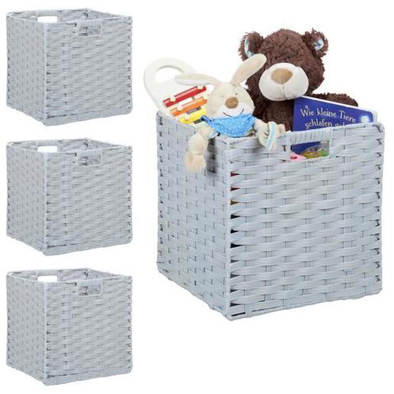 4x corbeilles de rangement plastique tressé, Panier poignée étagère Organiseur vintage, salle de bain, 31x32x30 cm, gris