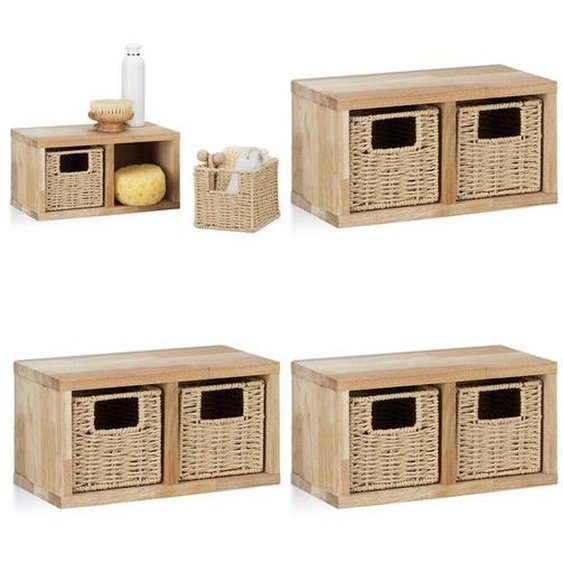 4x Etageres cube rangement, 8 paniers amovibles, corbeille bois noyer couloir chambre cuisine montage mural, nature