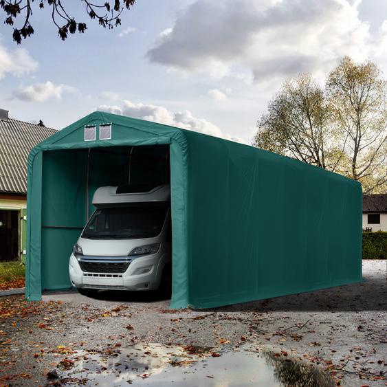 4x24 m, Tente garage de stockage, PRIMEtex 2300, porte 3,5x3,5 m, vert foncé, avec statique (type de sol : terre) - (99414)