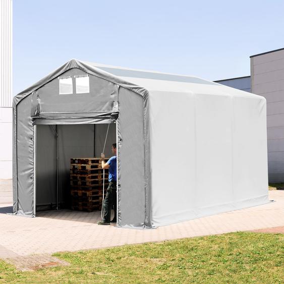 4x6 m hangar, PVC 850, H. 3m avec porte actionnée par traction et fenêtres dans le toit, gris, avec statique (type de sol : terre) - (93848)