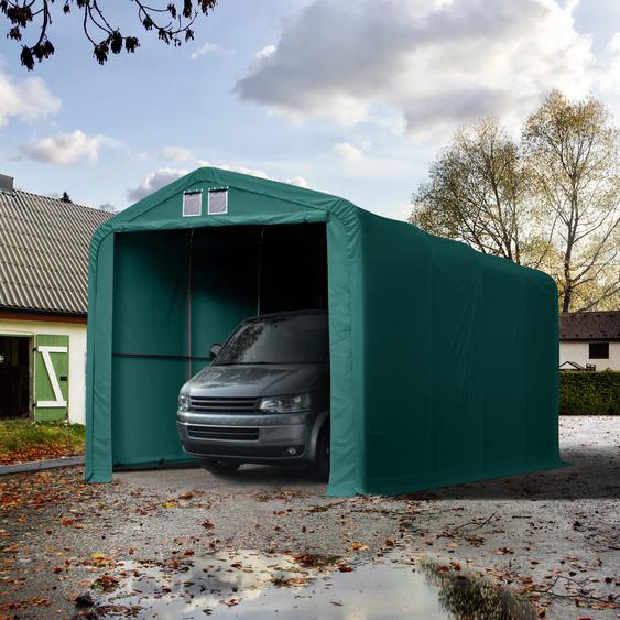 4x8 m, Tente garage de stockage, PRIMEtex 2300, porte 3,5x3,5 m, anti-feu, vert foncé, avec statique (type de sol : béton) - (99409)