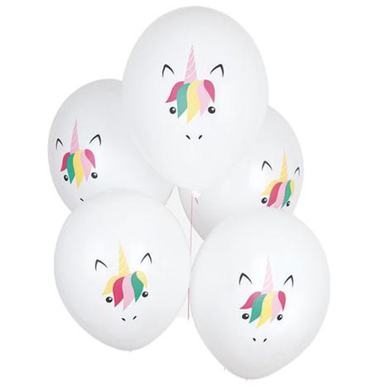 5 ballons imprimés Mini Licorne en latex blanc 30cm