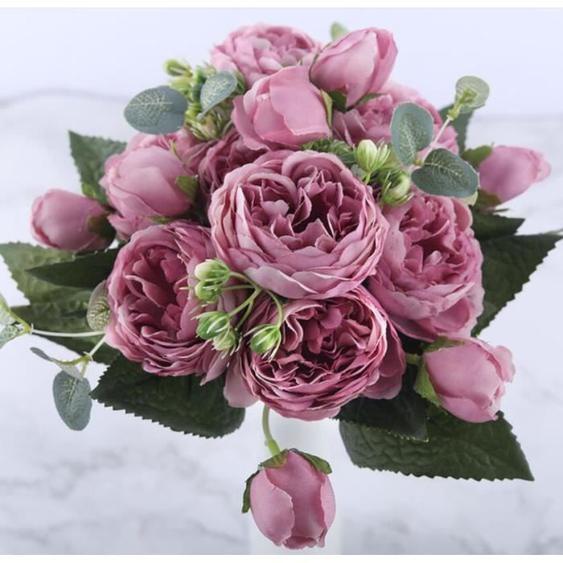 5 Big Head + 4 Bud Rose Soie Fleurs Artificielles Pivoine A1