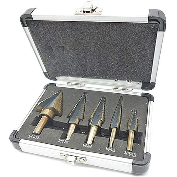 Aiducho - 5 Pcs Foret Fraise Meche Etage, Foret Étagé, avec Boîtier en Aluminium Professionnel, Tige Hexagonale, avec Tampon de Centrage Automatique,