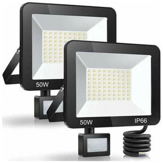 50W Projecteur LED Exterieur Detecteur de Mouvement 2 Pièce, IP66 Étanche Spot LED Avec Détecteur, 5000LM 7000K Blanc Froid Eclairage Exterieur,