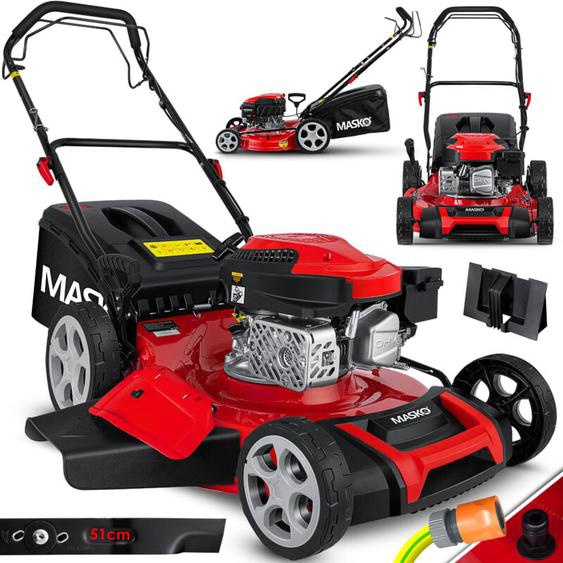 5en1 Tondeuse à essence avec traction arrière, fonction mulching, Easy Clean, hauteur de coupe réglable sur 8 niveaux, largeur de coupe 51cm - Masko
