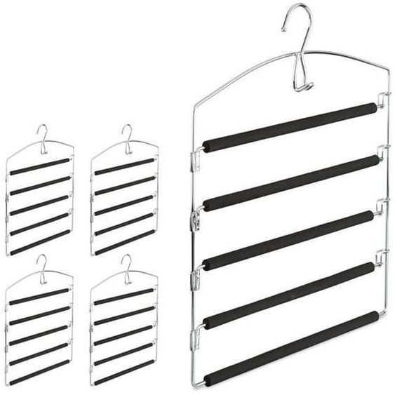 5x Cintre multiple en métal peu encombrant rembourré pour robes pantalons HxlxP: 44,5 x 37 x 2,7 cm, argent/noir