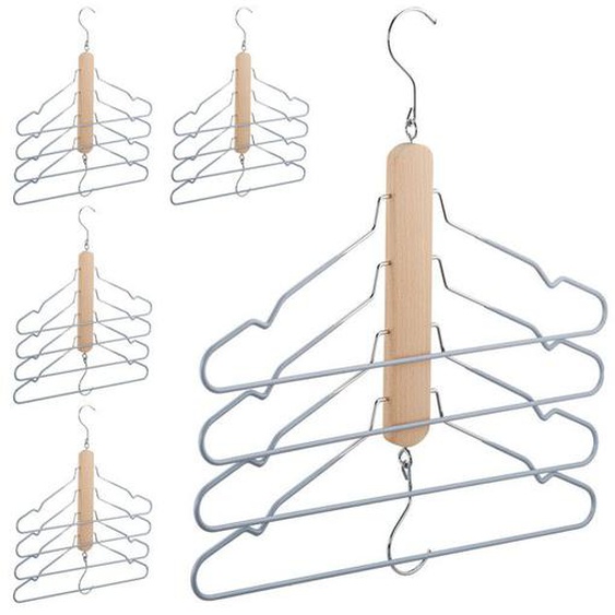 5x cintres multiples, peu encombrant, 4 pour chemises avec traverse pour pantalon, en bois et métal, antidérapant