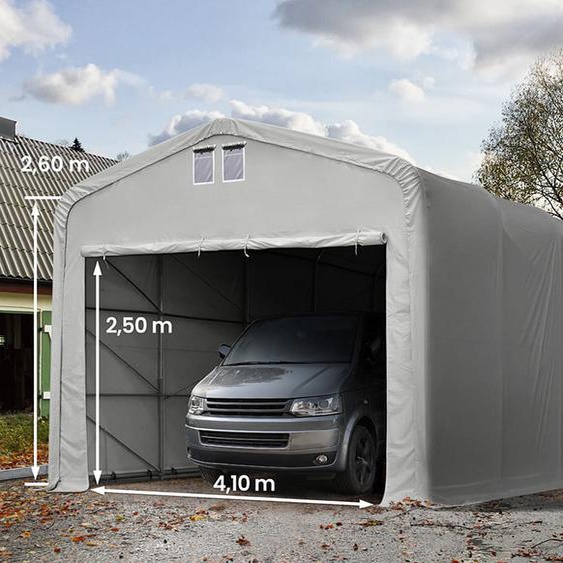 5x10 m, Tente garage de stockage, PVC 850, porte 4,1x2,5 m, gris, avec statique (type de sol : béton) - (99415)