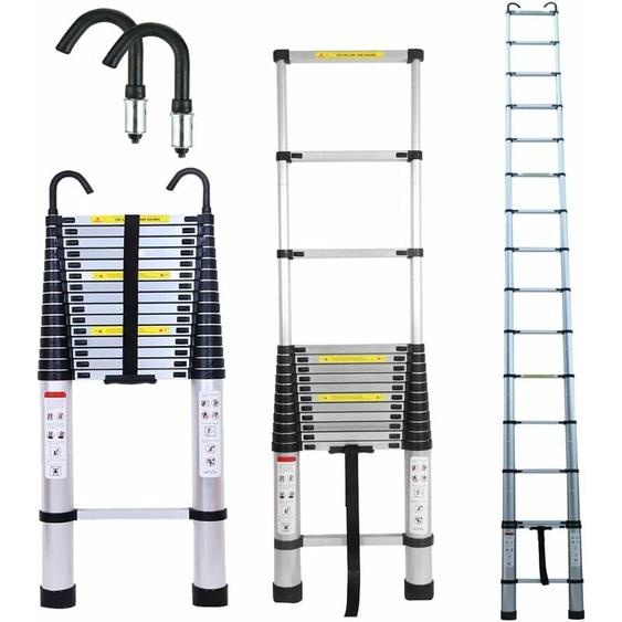 6.2M Échelle Télescopique avec 2 Crochets Amovibles Portable Échelle Pliant en Aluminium Telescopic Ladder EN131 pour Attic / Grenier 150kg Charge