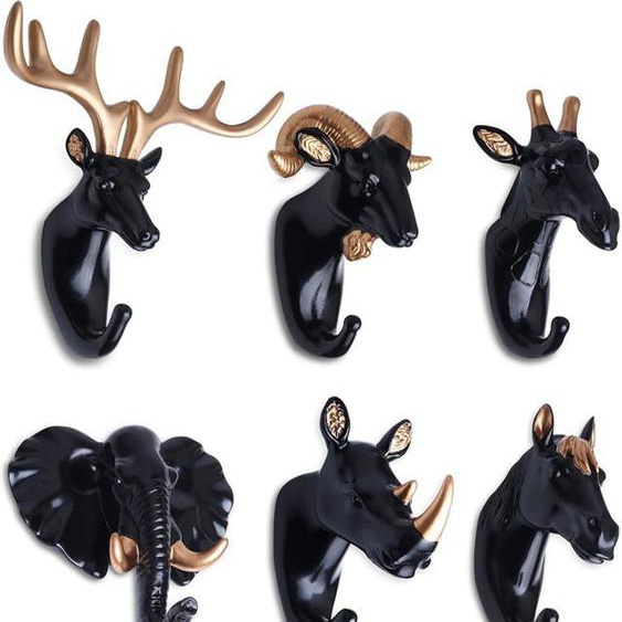 6 Pièces Crochets Patères Porte Manteau Mural Tête dAnimal Cerf Éléphant Chèvre Crochets Decoratif Murale Créatif en Résine Rétro