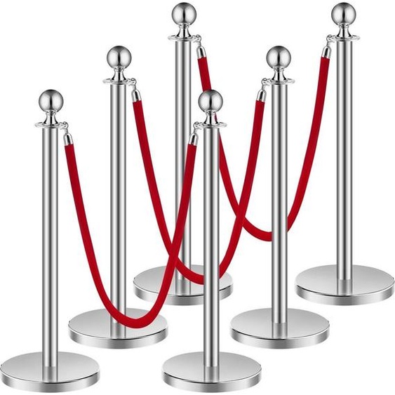 6 poteaux argentés, 3 cordes en velours rouge, base creuse remplie de sable