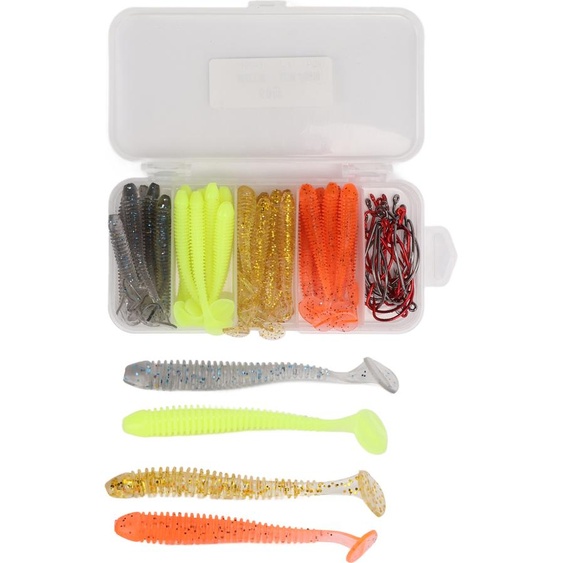 60pcs/box Soft Bait Fishing Lures Kit with Stainless Steel Crank Hooks Artificial Tail PVC Soft Lure Baits for Bass Fishing(6cm )