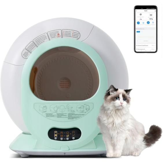65L Bac à Litière auto-nettoyant,Adaptatif Chats,Maison de Toilette,Robot Litière Automatique,Elimine les odeurs,Contrôlé APP,Blanc+Vert