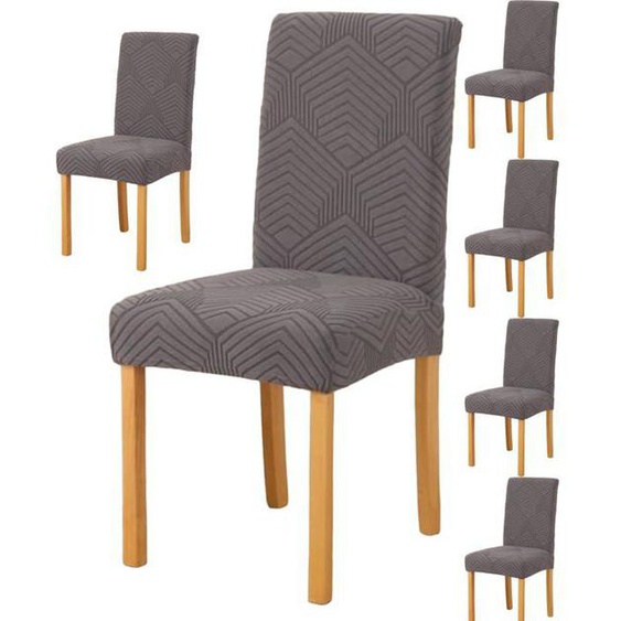 6PCS Housse De Chaise Salle à Manger Elastique, Jacquard de Géométrie, Gris Foncé