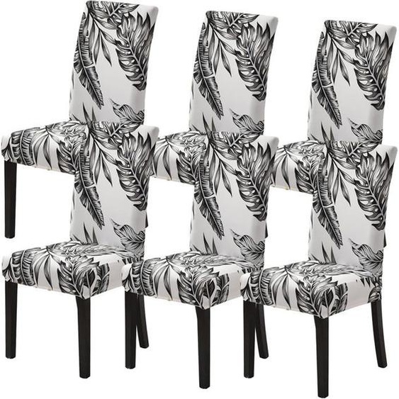 6Pcs Housses de Chaise de Salle à Manger Extensible Universelle, Polyester et Elasthanne, Plantes Tropicales, Noir