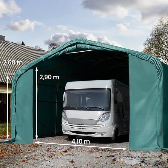 6x12 m, Tente garage de stockage, PRIMEtex 2300, porte 4,1x2,9 m, anti-feu, vert foncé, avec statique (type de sol : béton) - (99434)