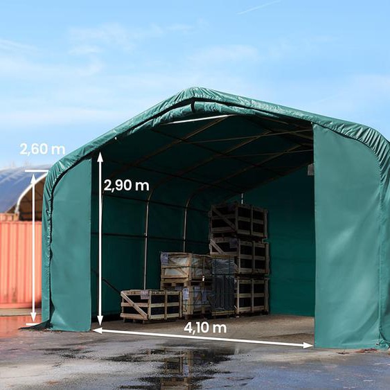 6x6 m hangar, porte 4,1x2,9 m, toile PRIMEtex 2300, anti-feu, vert foncé, avec statique (type de sol : béton) - (49420)