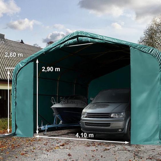 6x6 m, Tente garage de stockage, PRIMEtex 2300, porte 4,1x2,9 m, anti-feu, vert foncé, avec statique (type de sol : terre) - (99435)