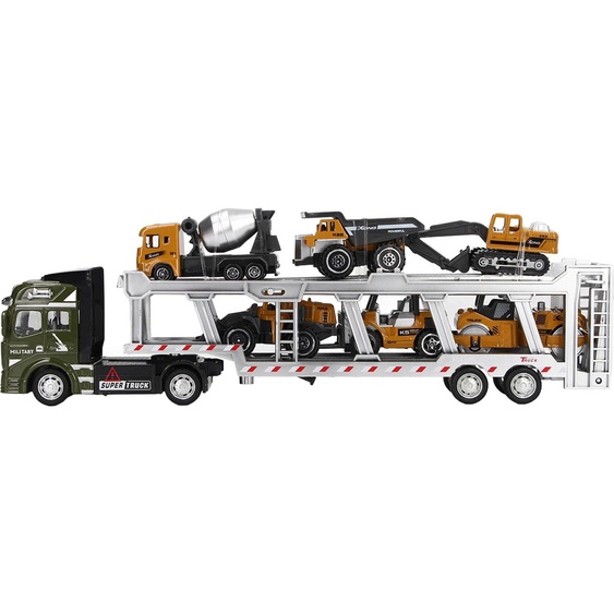 7 en 1 chariot de transport jouet en alliage Pull Back Function Carrier Model avec 6 petits véhicules techniques 12,6 pouces vert, voiture classique