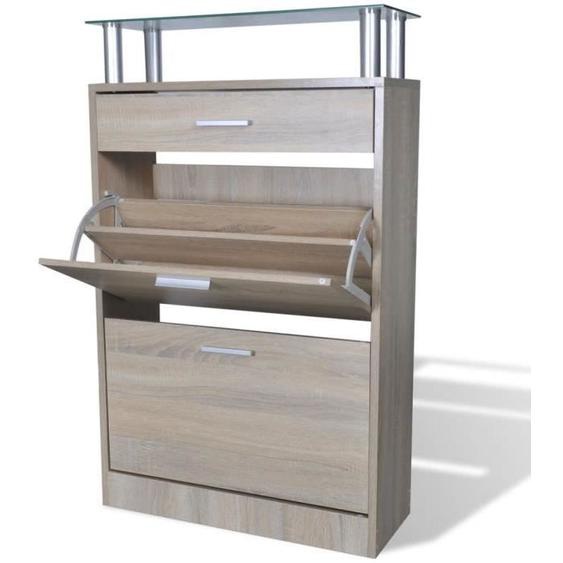 78340 Meuble à chaussures avec tiroir et plateau - Armoire à Chaussures Étagère à Chaussures en verre Bois Aspect chêne Meuble