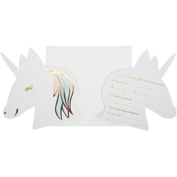 8 invitations avec enveloppes Licorne en papier pastel 12x13cm