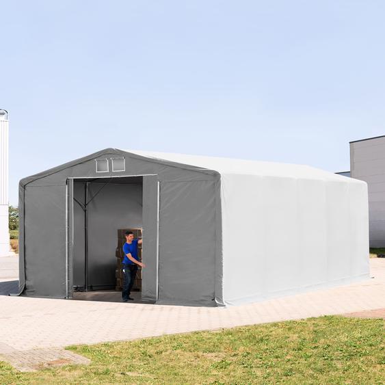 8x10 m hangar, PVC 850, H. 3,6 m avec porte coulissante, gris, avec statique (type de sol : terre) - (93917)