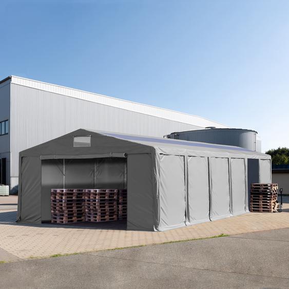 8x12 m tente de stockage, PVC 850, H. 3 m avec portes à fermeture éclair et fenêtres dans le toit, gris, avec statique (type de sol : terre) - (93821)