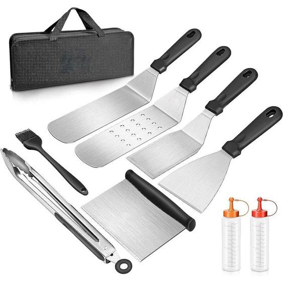 L&h-cfcahl - 9 Pcs Ensemble de Spatuleen Acier Inoxydable, Ensemble daccessoires pour Plaque chauffante Professionnelle bbq, Barbecue Spatule