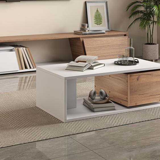 90*50*30cm Table basse avec tiroir pivotant à 360°, table basse avec 1 tiroir, table de salon brillante avec espace de rangement ouvert, table basse, béquille