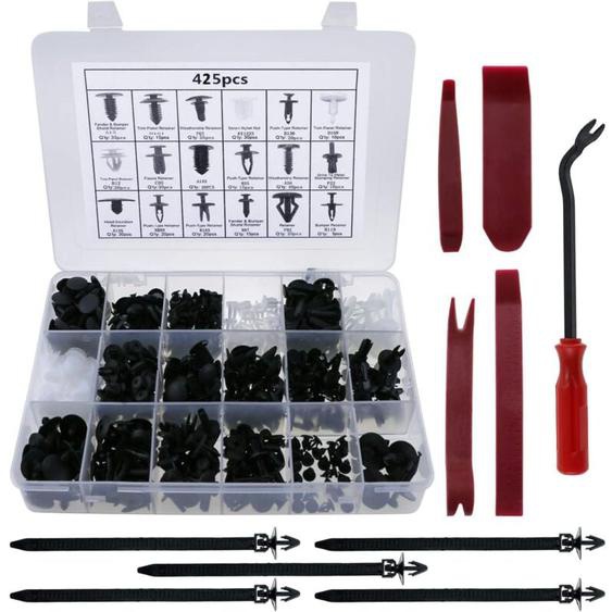 425Pcs Rivet Clips Plastique Rivet Universel Nylon Noir Clips, Rivets Plastiques Fixation De Protection Universel Pour Auto Voitures, Avec Pince De