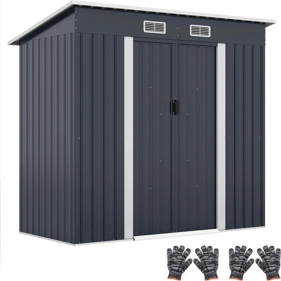 Abri de jardin - Abri de jardin en métal - Toit en appentis - Portes coulissantes - Ouvertures daération - Cadre en acier galvanisé - Étanche - 213 x 112 x 185 cm - Gris foncé